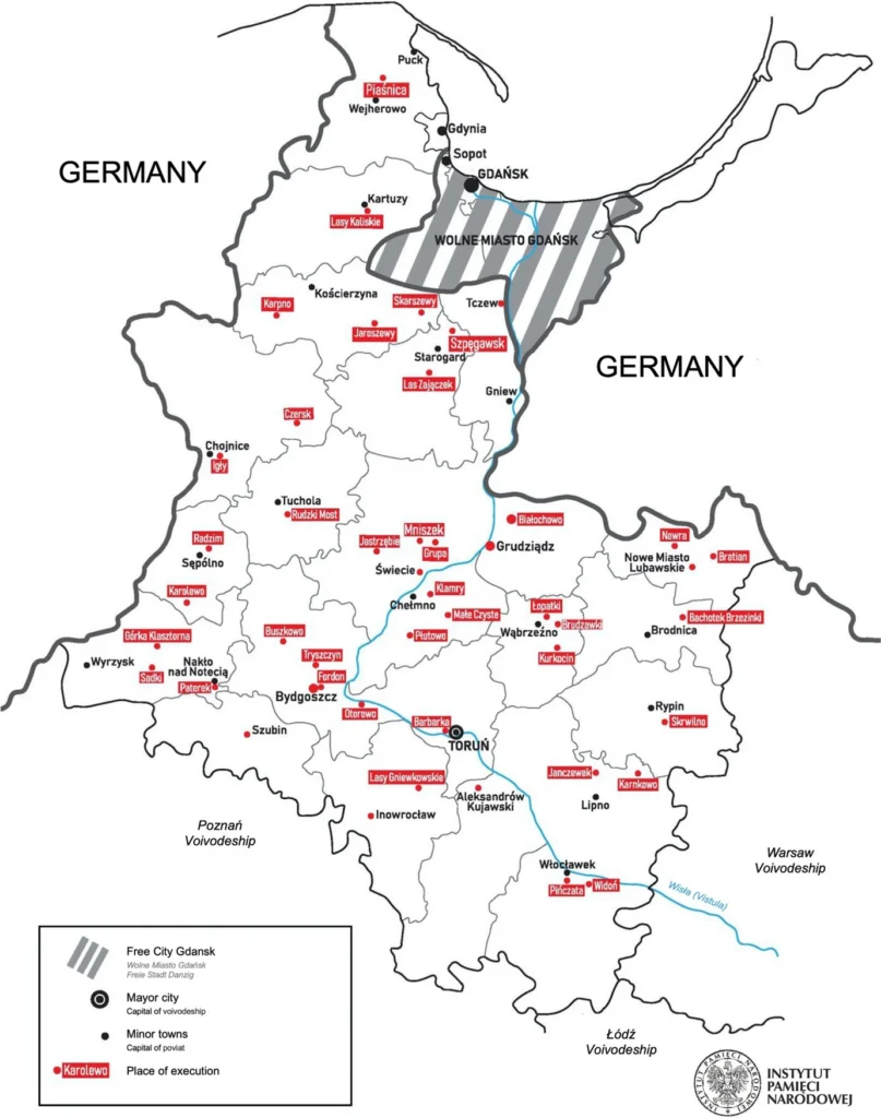A map depicting mass crimes in Pomerania, Poland, in 1939-1940.