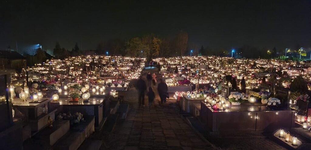 All Saint's Day in Poland A cemetery illuminated with candles on the evening of All Saint's Day in Poland