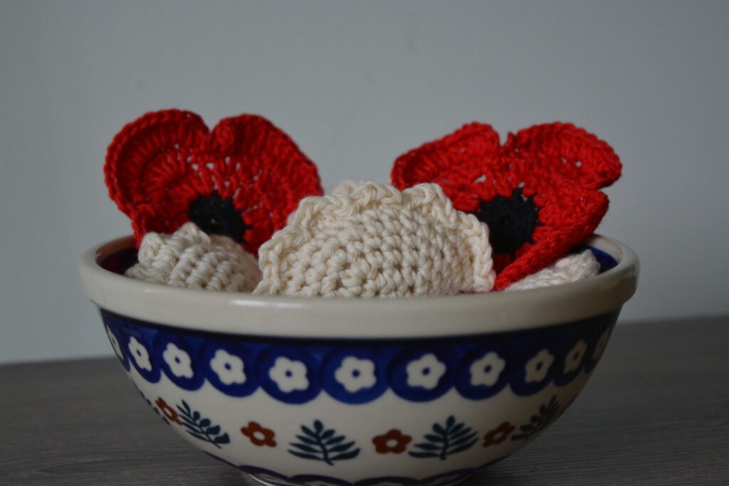 Crocheted items in a Polish pottery bowl